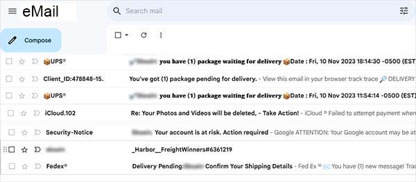 Screenshot of an email inbox containing phishing emails