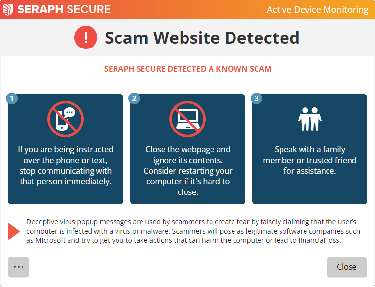 Seraph Secure alert showing scam website detected