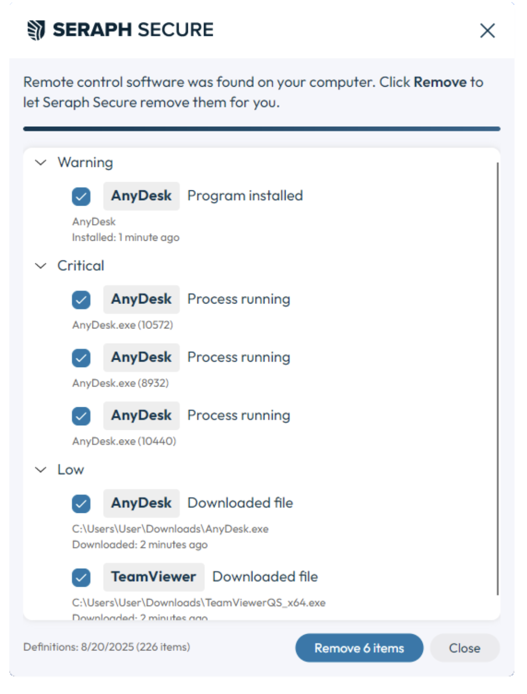 Seraph Secure Threat Scanner results page showing remote software that was found and Remove button to remove them.